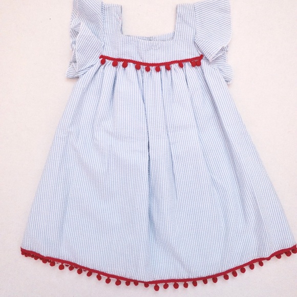 Seersucker & bright pink pom-pom trim dress (3T) - Picture 10 of 16